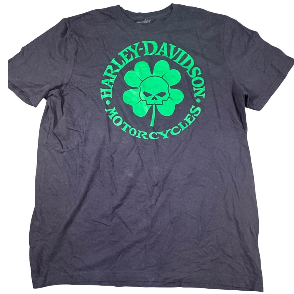 Harley Davidson Motorcycles T-Shirt XL‎ Black Green Skull Shamrock Graphic VTG